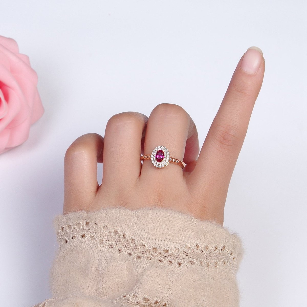 18K Gold Filled Pink, Fuchsia Oval Micro Paved Round CZ Adjustable Ring | R-126 R-065