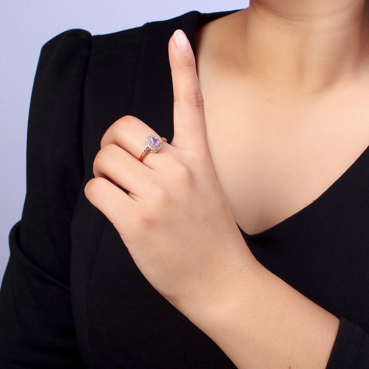 18K Gold Filled Pink, Fuchsia Oval Micro Paved Round CZ Adjustable Ring | R-126 R-065