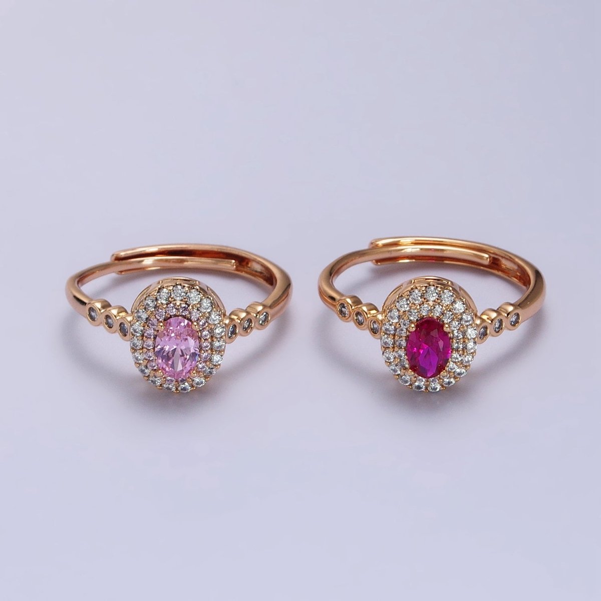 18K Gold Filled Pink, Fuchsia Oval Micro Paved Round CZ Adjustable Ring | R-126 R-065