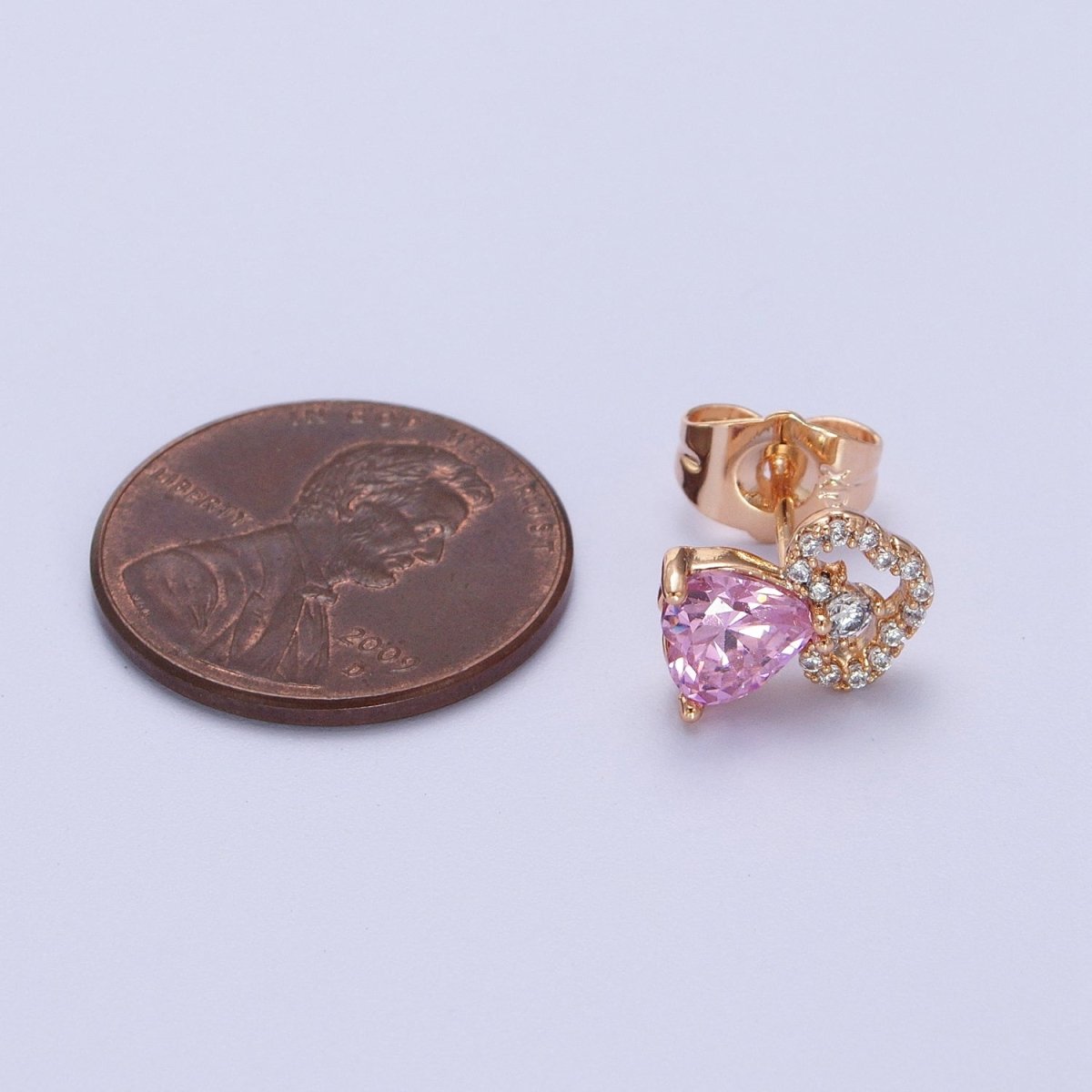 18K Gold Filled Pink Heart Micro Paved CZ Stud Earrings | Y-303 - DLUXCA