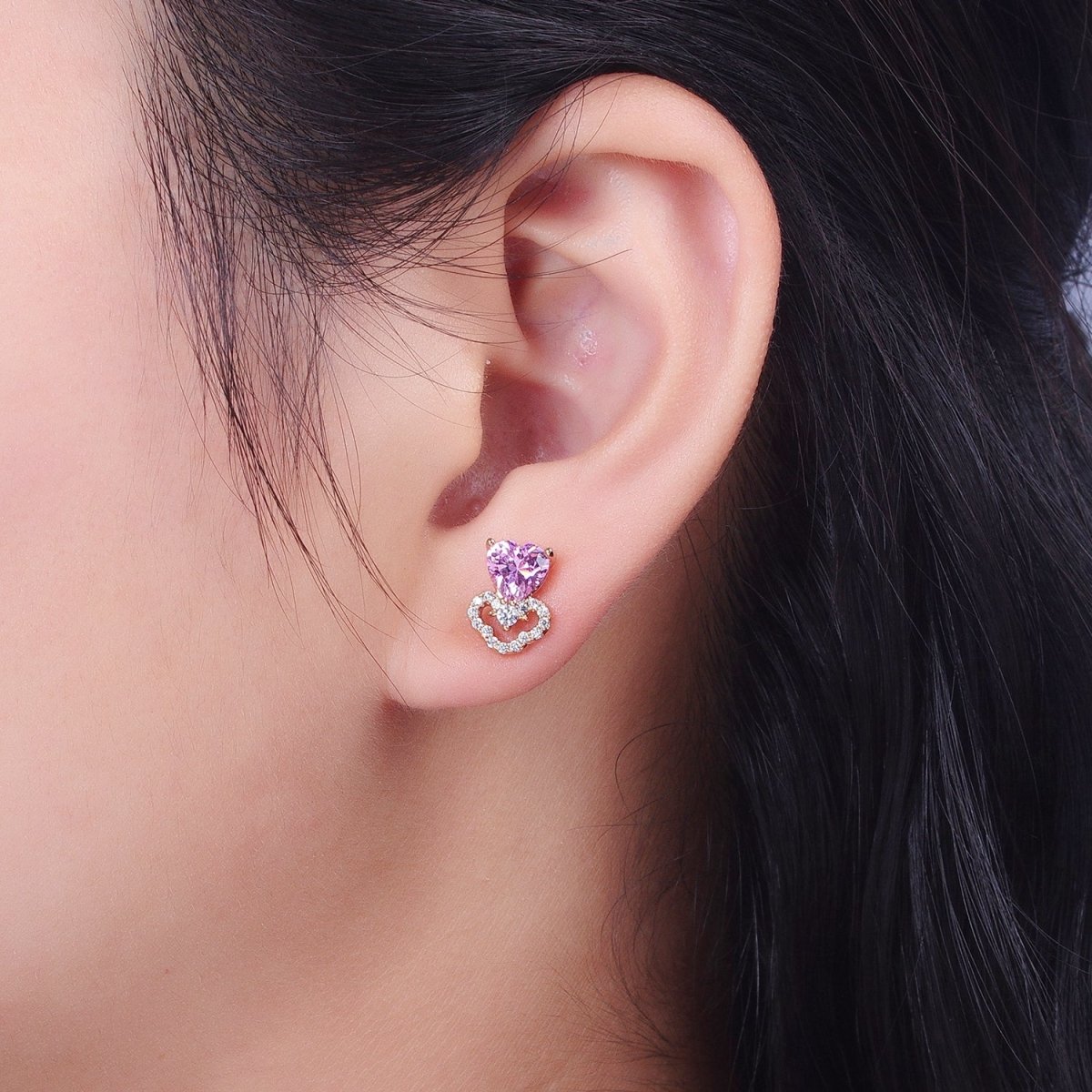 18K Gold Filled Pink Heart Micro Paved CZ Stud Earrings | Y-303 - DLUXCA