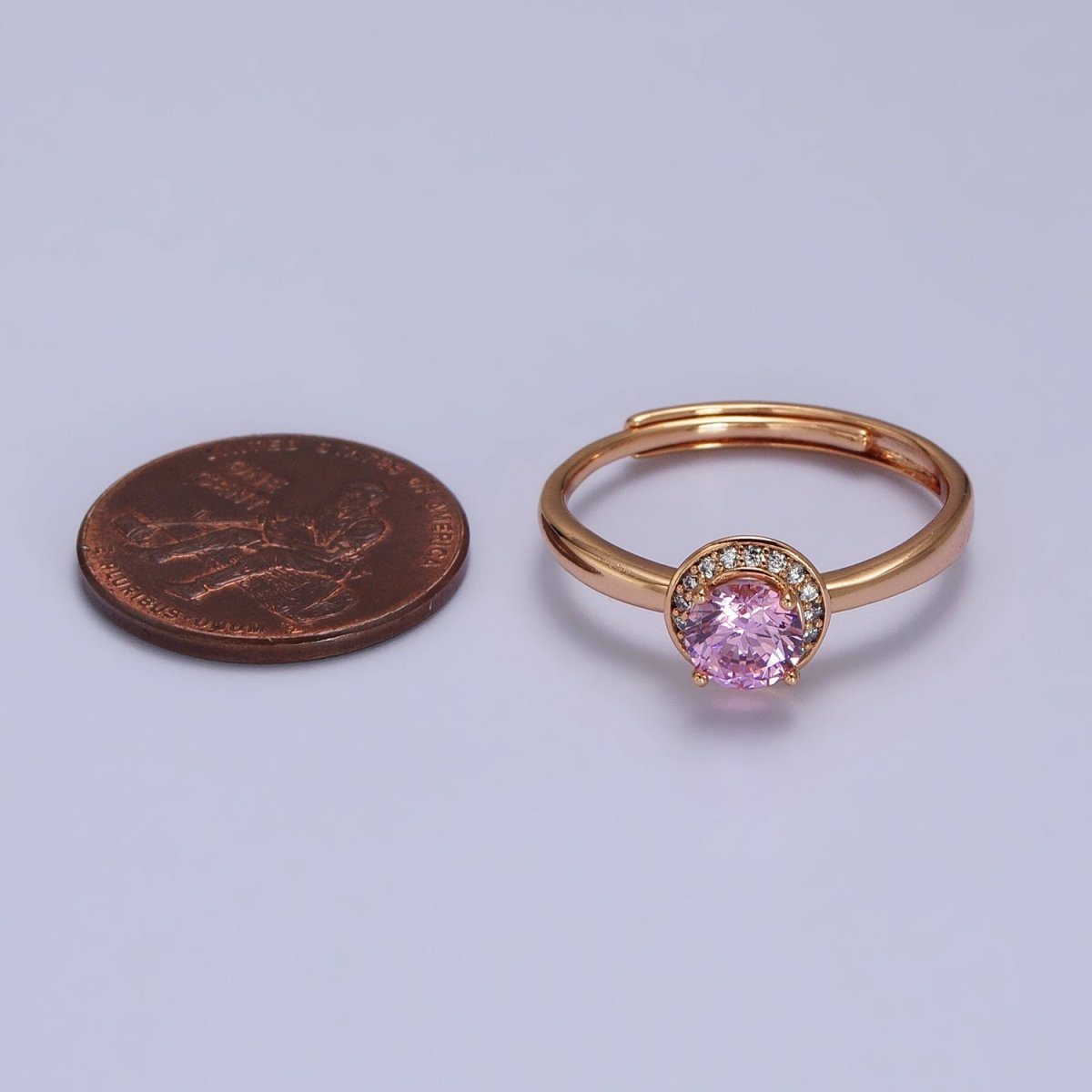 18K Gold Filled Pink Round Clear Micro Paved CZ Adjustable Ring | Y-587 - DLUXCA