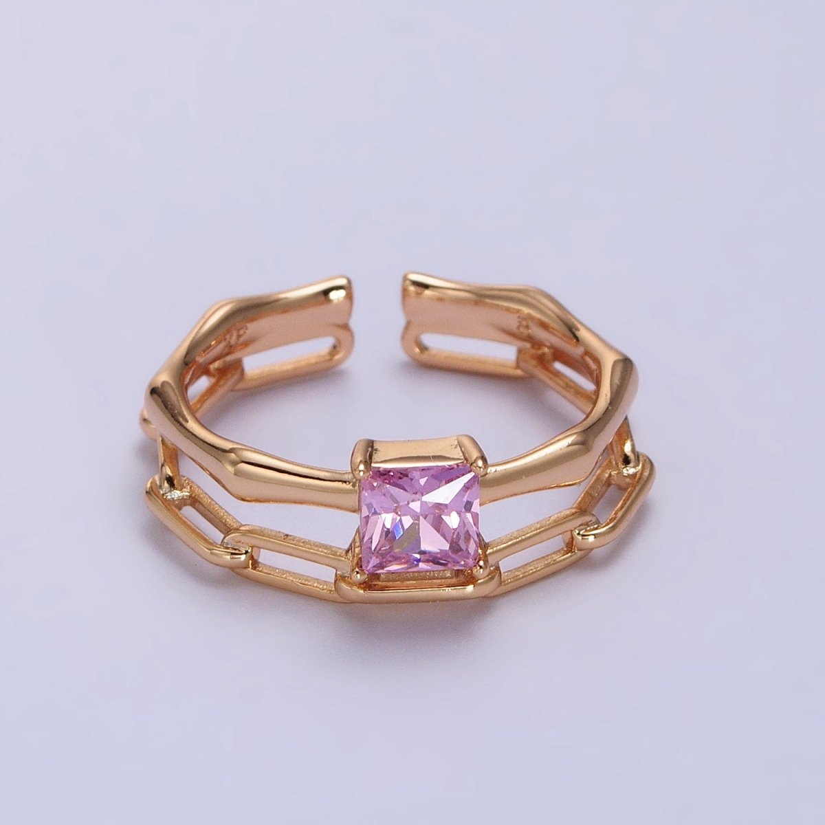 18K Gold Filled Pink Square CZ Bamboo Paperclip Chain Double Band Ring | Y-589 - DLUXCA
