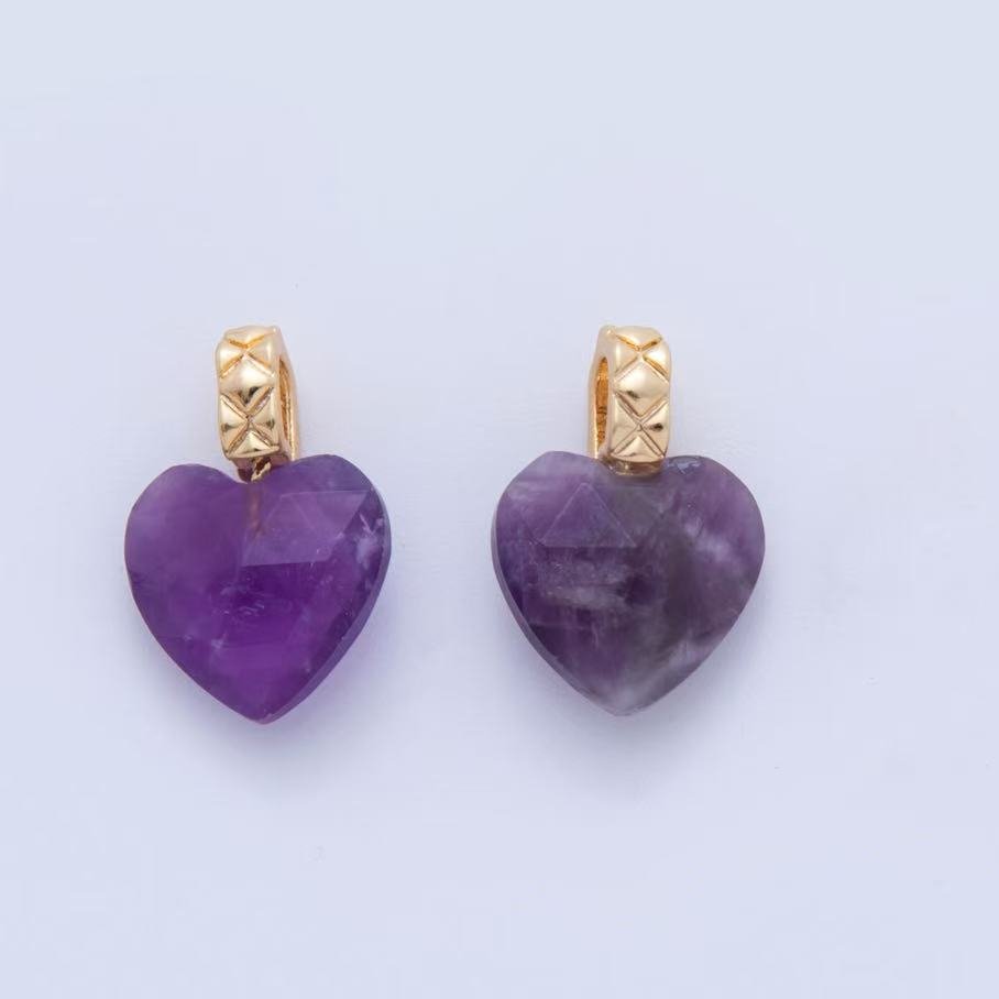 18K Gold Filled Purple Amethyst Gemstone Heart Quilted Bail Pendant | AF354 - DLUXCA