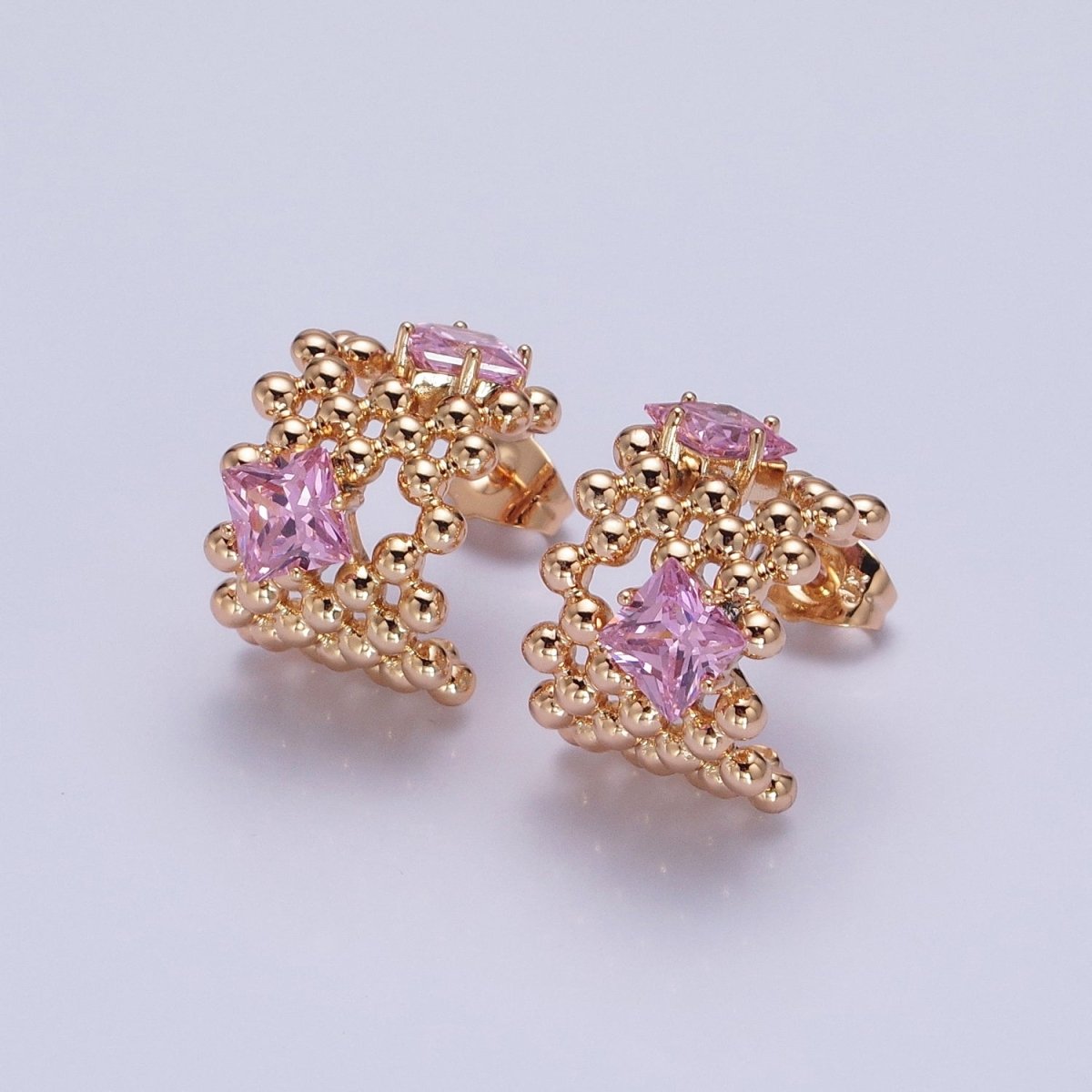18K Gold Filled Purple, Clear, Green, Pink Square CZ Round Beaded Bubble C-Shaped Hoop Earrings | AD1401 - AD1404