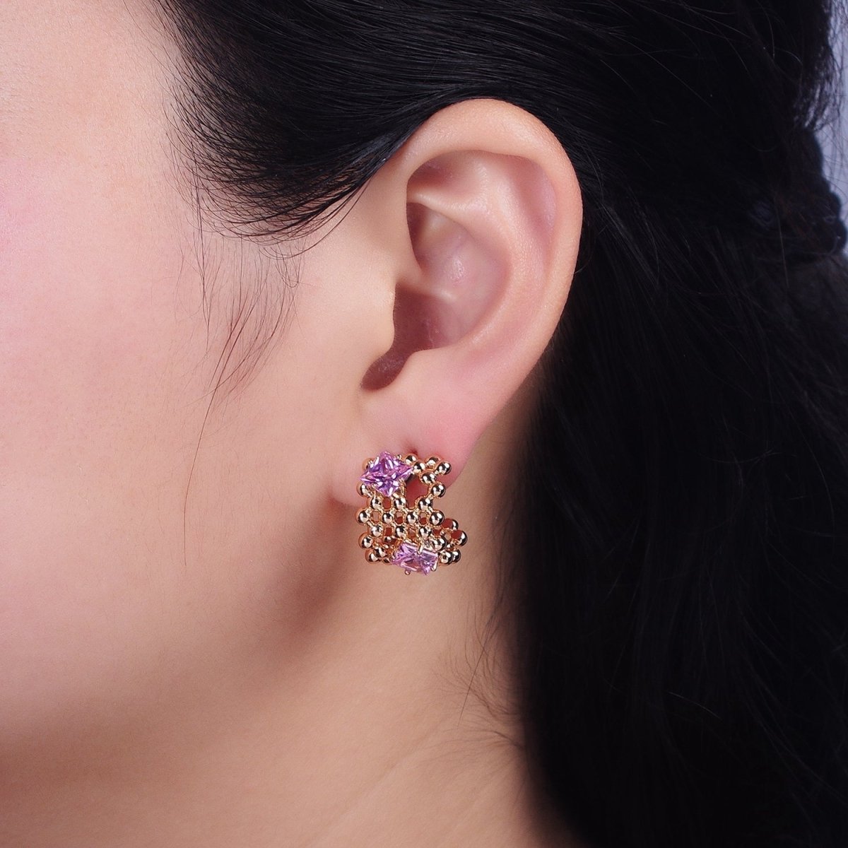 18K Gold Filled Purple, Clear, Green, Pink Square CZ Round Beaded Bubble C-Shaped Hoop Earrings | AD1401 - AD1404