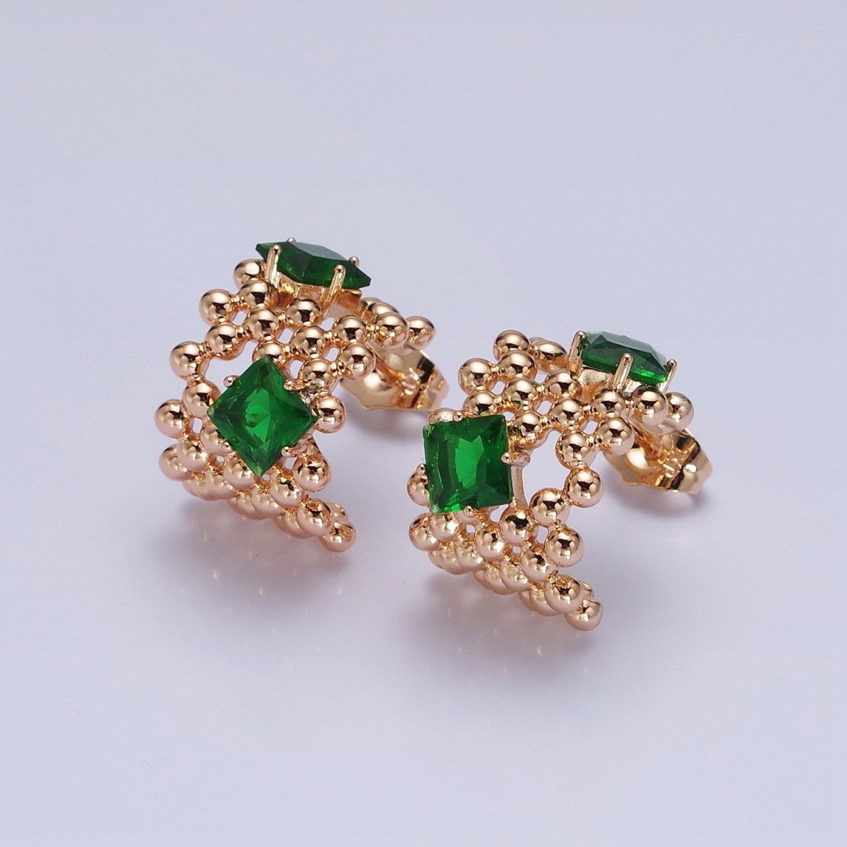 18K Gold Filled Purple, Clear, Green, Pink Square CZ Round Beaded Bubble C-Shaped Hoop Earrings | AD1401 - AD1404