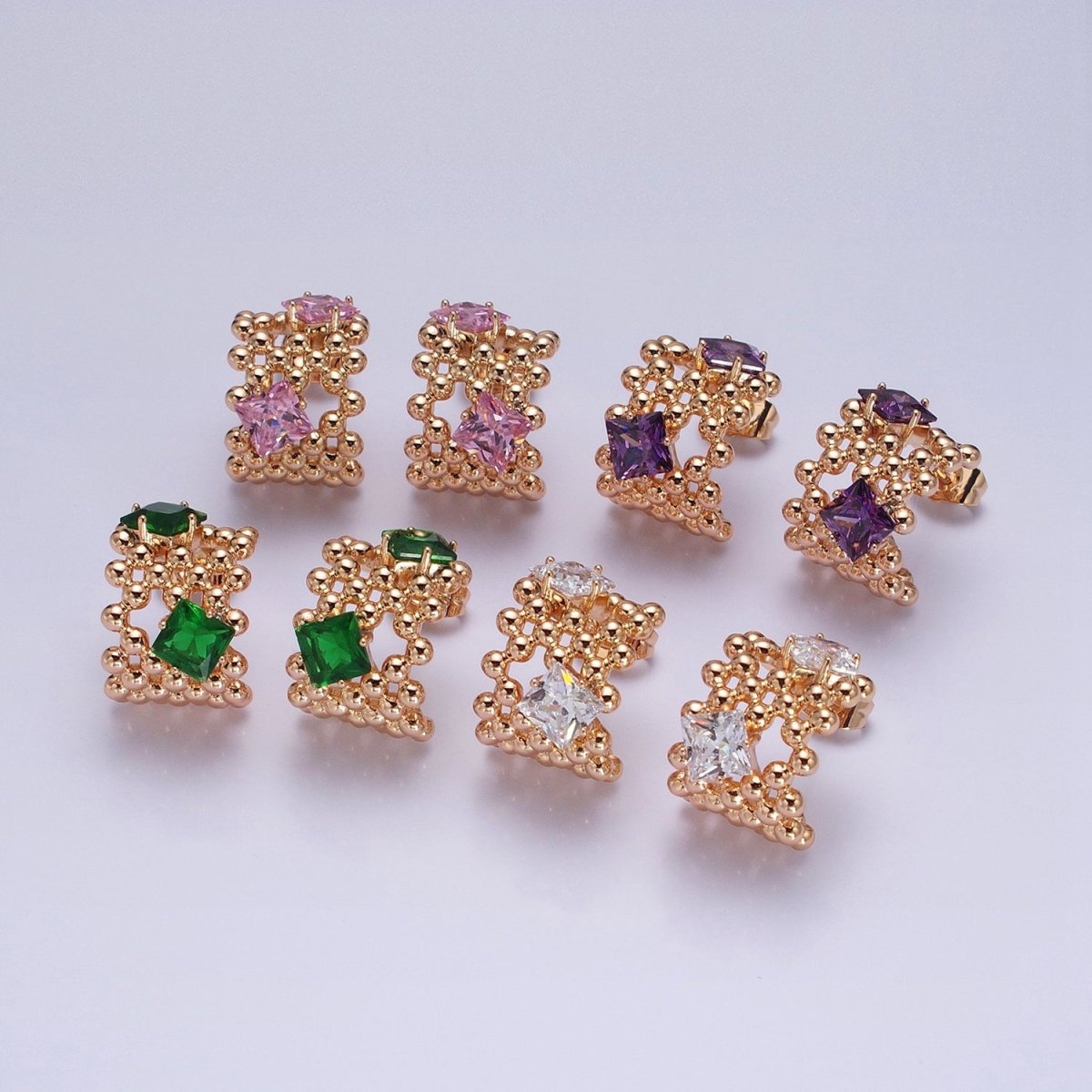 18K Gold Filled Purple, Clear, Green, Pink Square CZ Round Beaded Bubble C-Shaped Hoop Earrings | AD1401 - AD1404