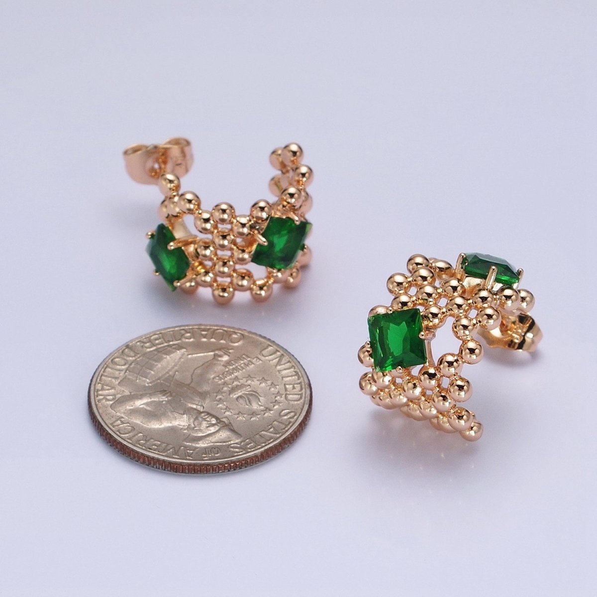 18K Gold Filled Purple, Clear, Green, Pink Square CZ Round Beaded Bubble C-Shaped Hoop Earrings | AD1401 - AD1404