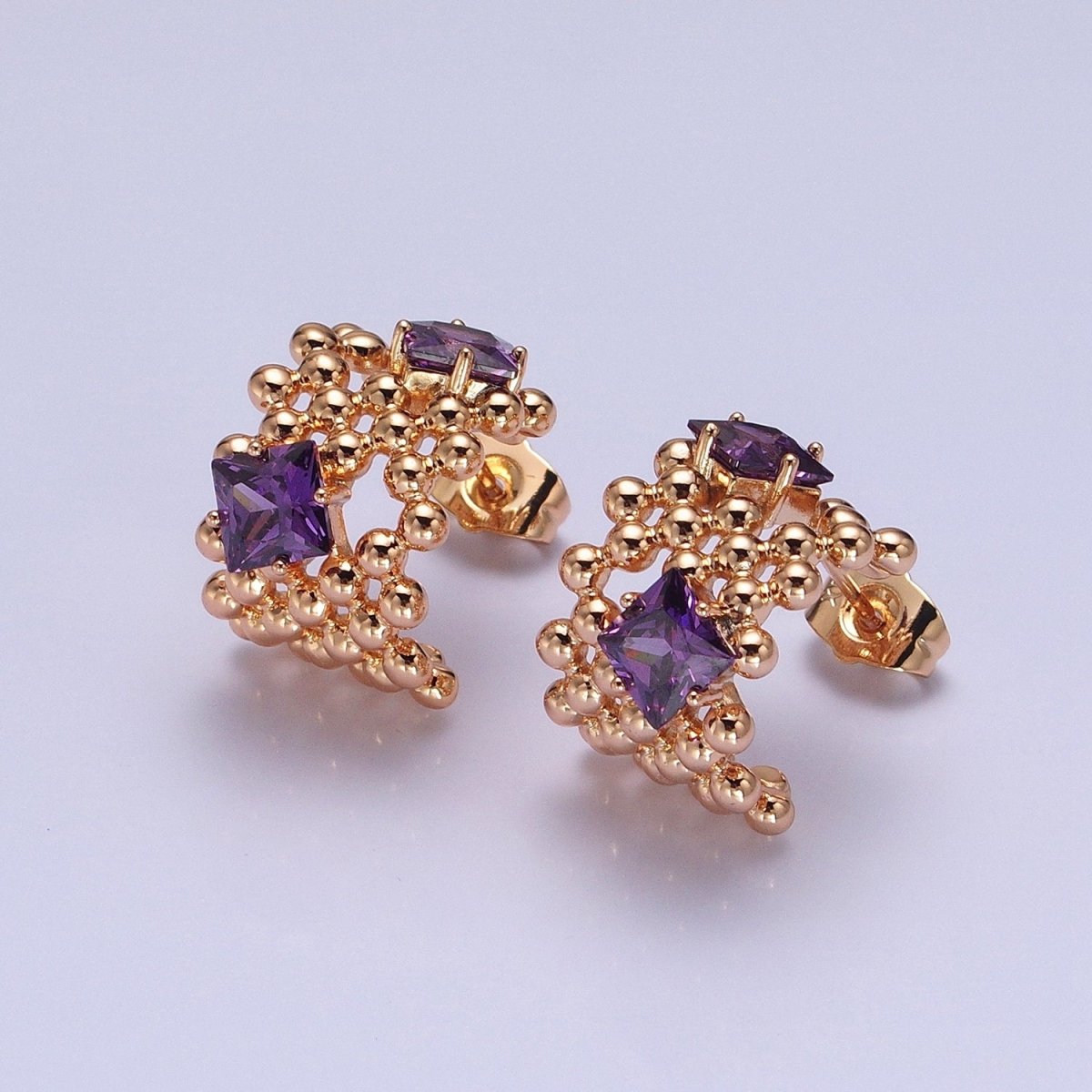 18K Gold Filled Purple, Clear, Green, Pink Square CZ Round Beaded Bubble C-Shaped Hoop Earrings | AD1401 - AD1404