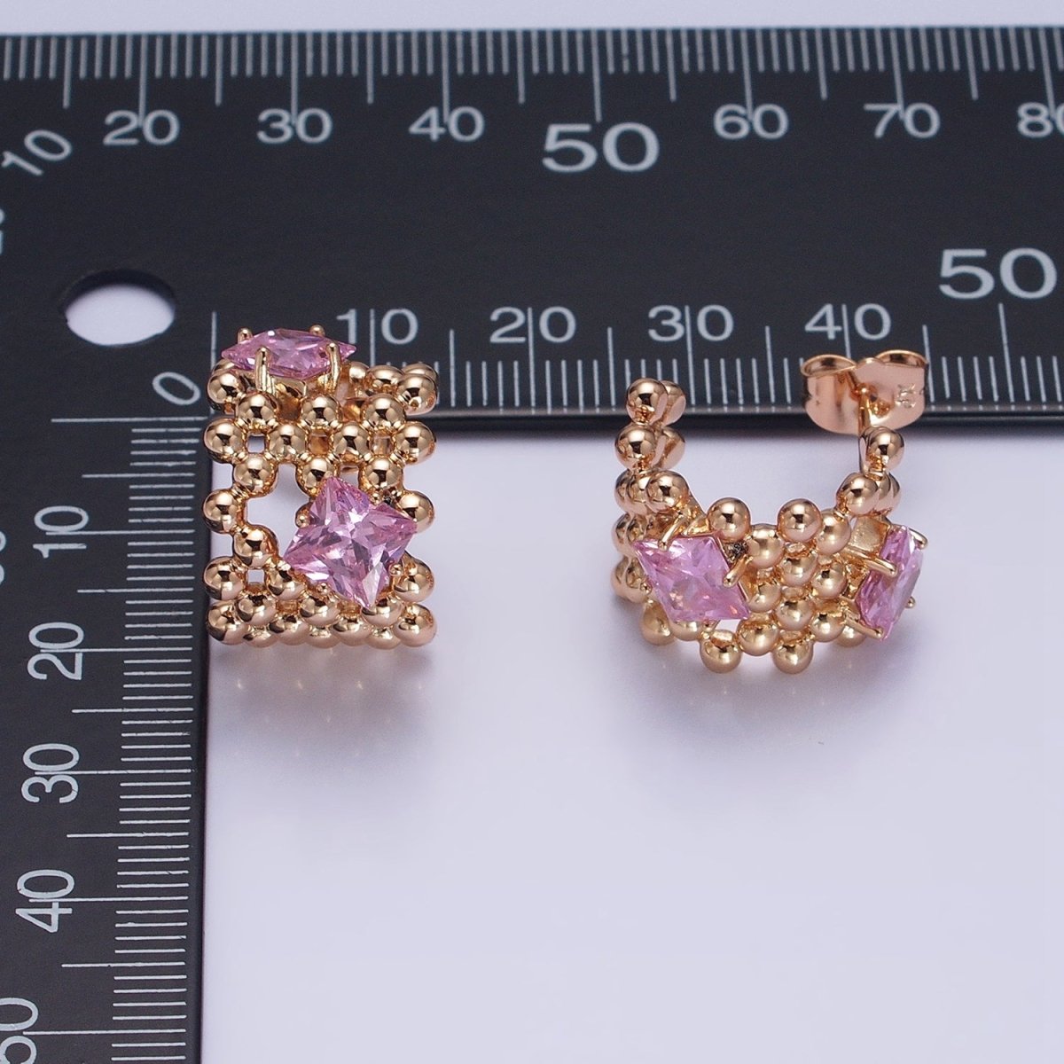 18K Gold Filled Purple, Clear, Green, Pink Square CZ Round Beaded Bubble C-Shaped Hoop Earrings | AD1401 - AD1404