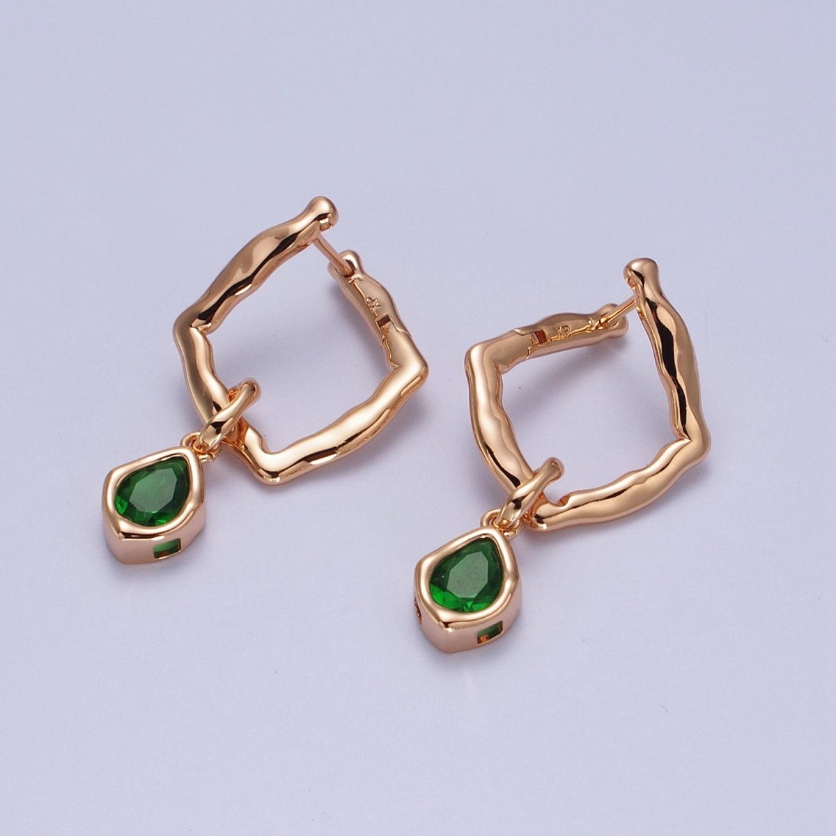 18K Gold Filled Purple, Clear, Green, Pink Teardrop CZ Rhombus Dangle Earrings | V-009 - V-010