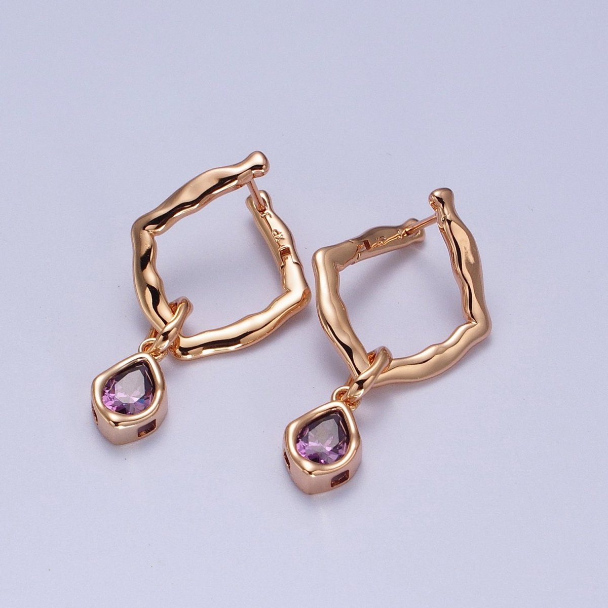 18K Gold Filled Purple, Clear, Green, Pink Teardrop CZ Rhombus Dangle Earrings | V-009 - V-010