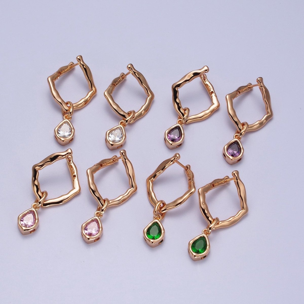 18K Gold Filled Purple, Clear, Green, Pink Teardrop CZ Rhombus Dangle Earrings | V-009 - V-010