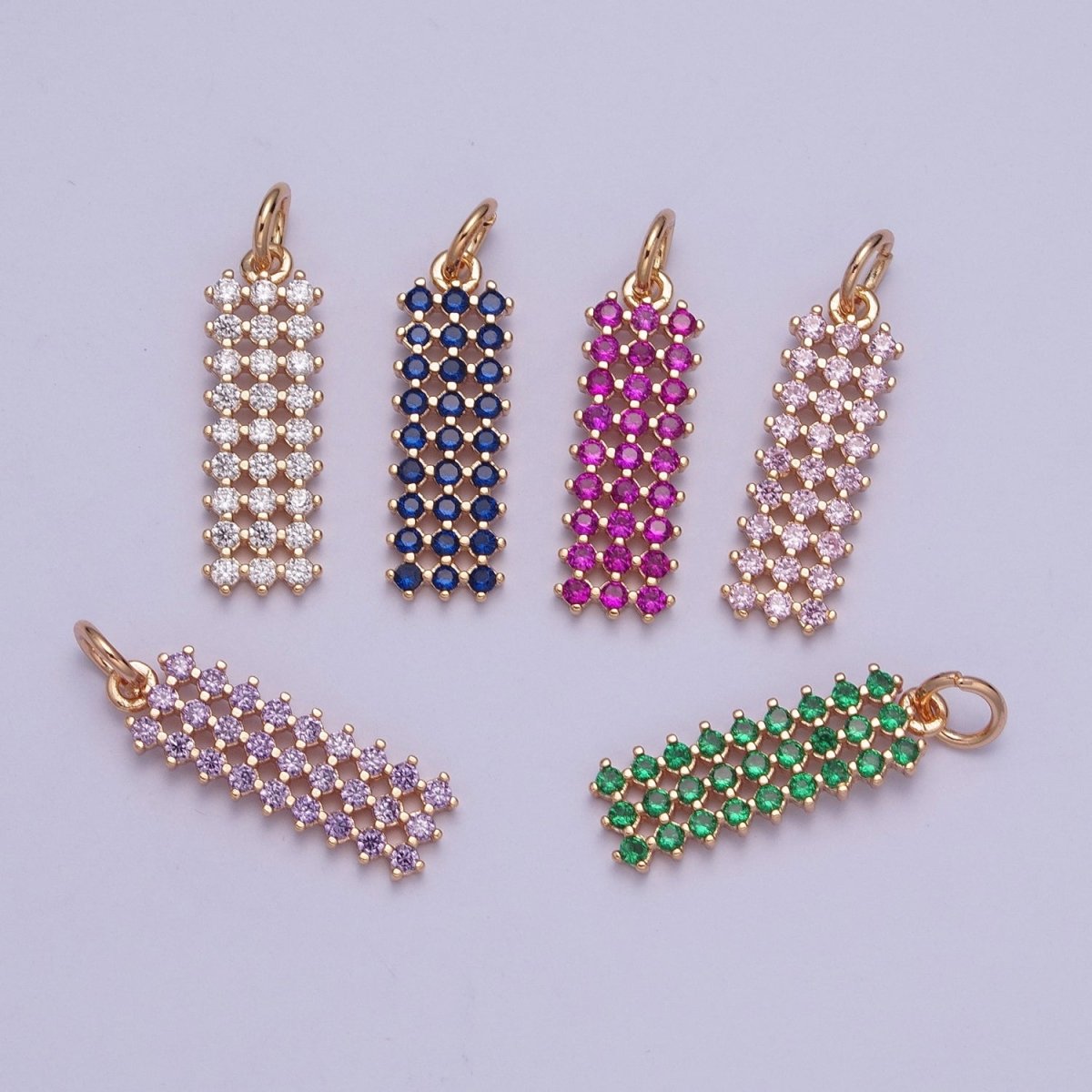 18K Gold Filled Purple, Fuchsia, Pink, Green, Blue, Clear Micro Paved CZ Rectangle Bar Charm | X-168 - X-173