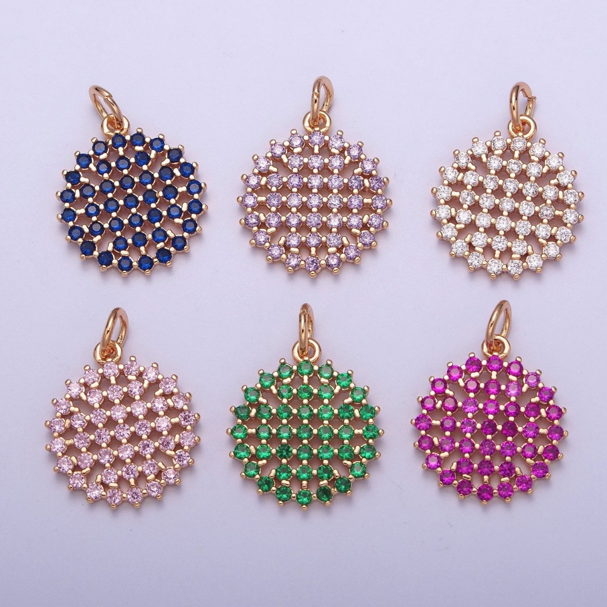 18K Gold Filled Purple, Fuchsia, Pink, Green, Blue, Clear Micro Paved CZ Round Circle Charm | X-156 - X-161