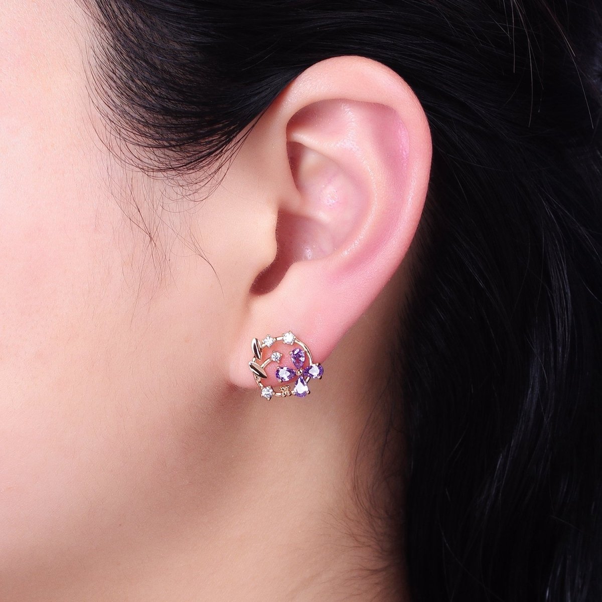 18K Gold Filled Purple, Pink CZ Flower Garden Open Round Stud Earrings | AD1319 AD1320