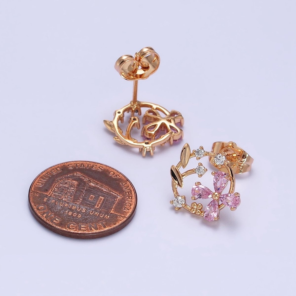 18K Gold Filled Purple, Pink CZ Flower Garden Open Round Stud Earrings | AD1319 AD1320