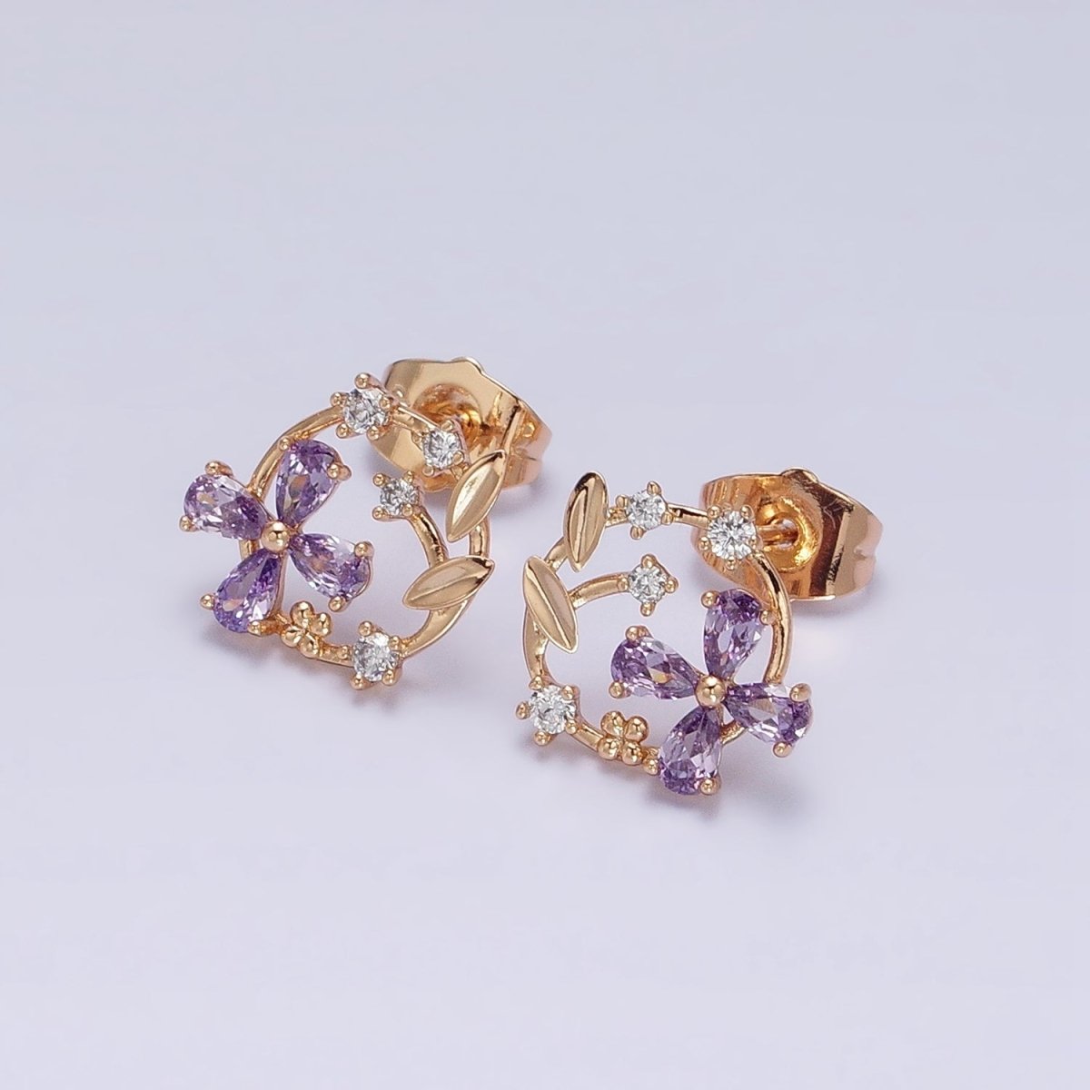 18K Gold Filled Purple, Pink CZ Flower Garden Open Round Stud Earrings | AD1319 AD1320