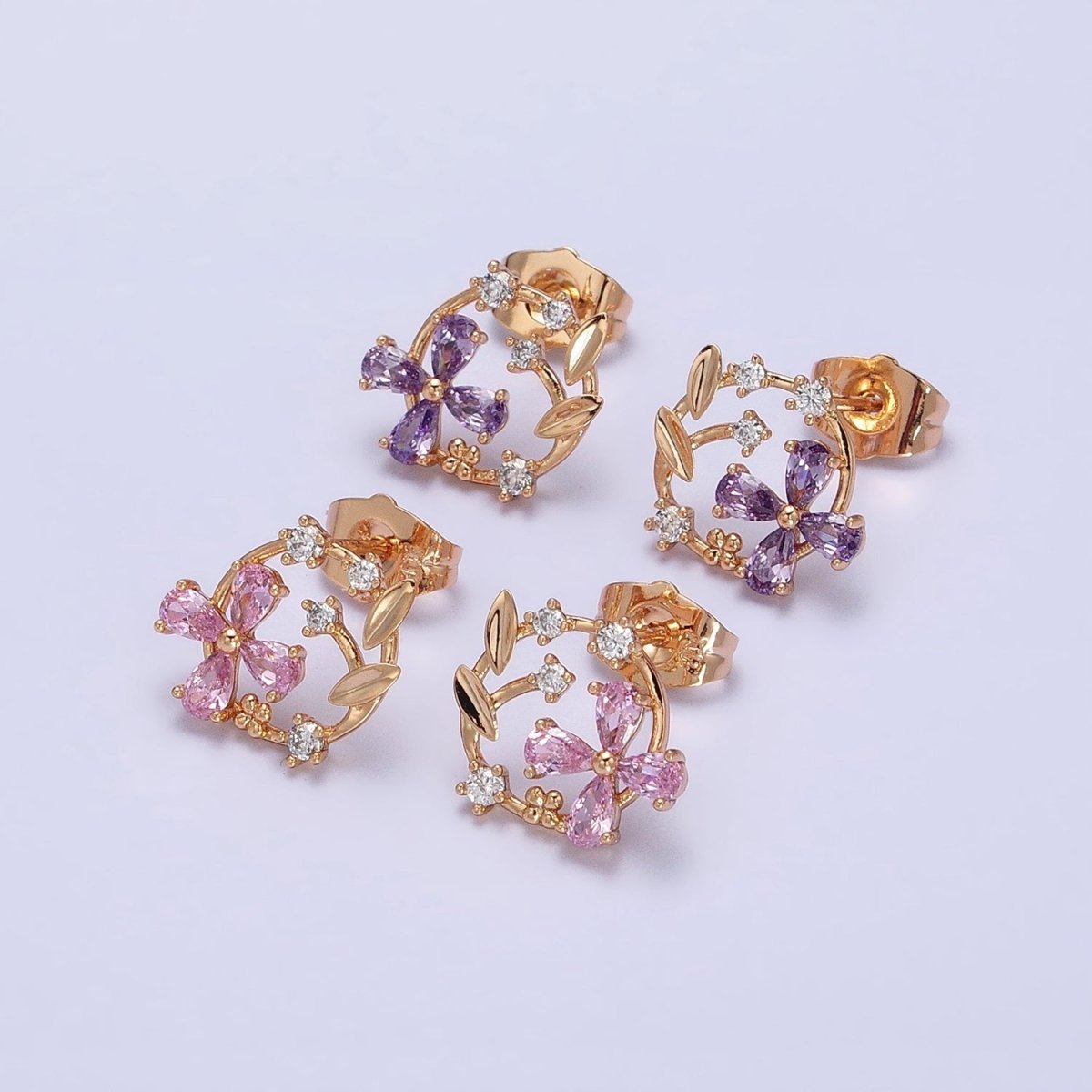 18K Gold Filled Purple, Pink CZ Flower Garden Open Round Stud Earrings | AD1319 AD1320