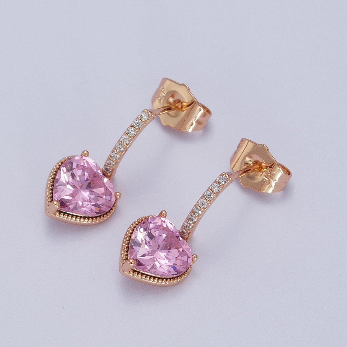 18K Gold Filled Purple, Pink Heart CZ Drop Micro Paved Bar Stud Earrings | V-001