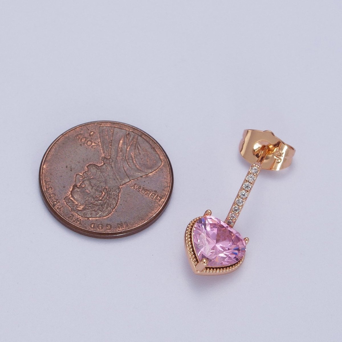 18K Gold Filled Purple, Pink Heart CZ Drop Micro Paved Bar Stud Earrings | V-001