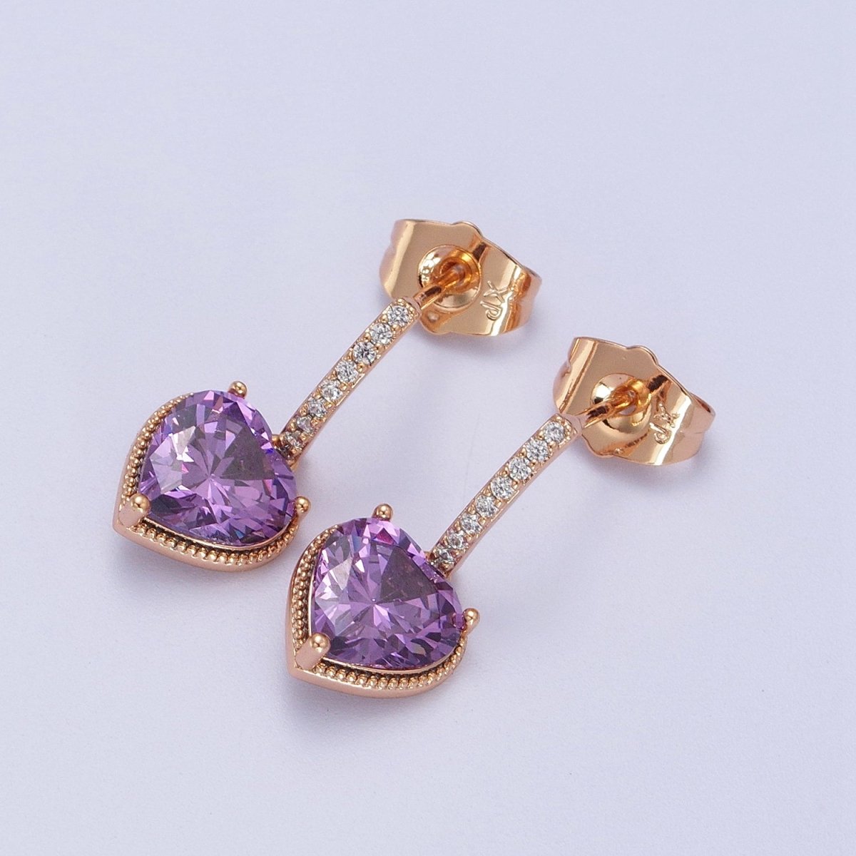 18K Gold Filled Purple, Pink Heart CZ Drop Micro Paved Bar Stud Earrings | V-001