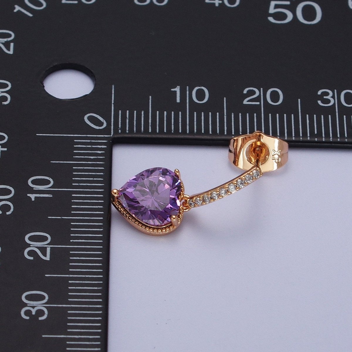 18K Gold Filled Purple, Pink Heart CZ Drop Micro Paved Bar Stud Earrings | V-001