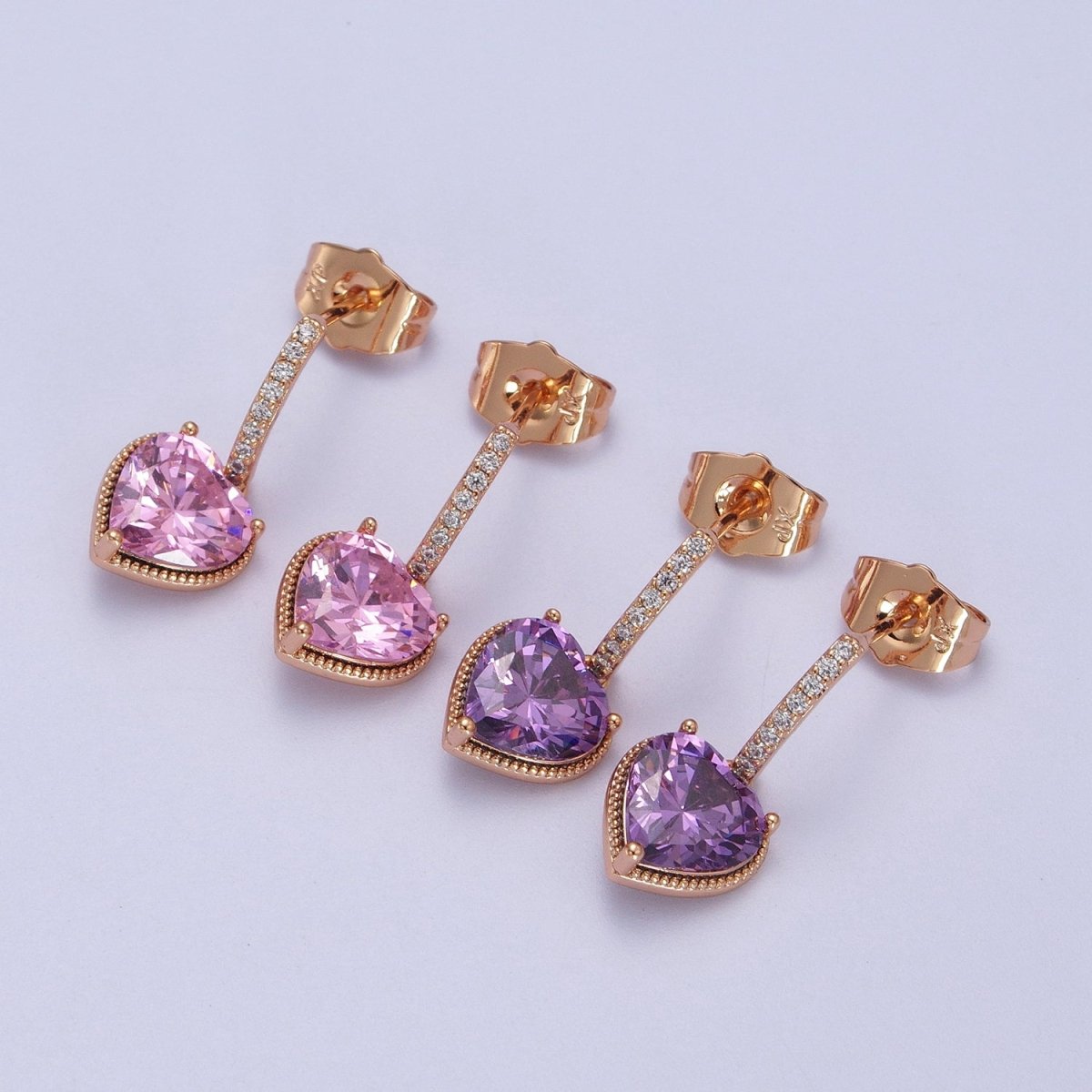 18K Gold Filled Purple, Pink Heart CZ Drop Micro Paved Bar Stud Earrings | V-001