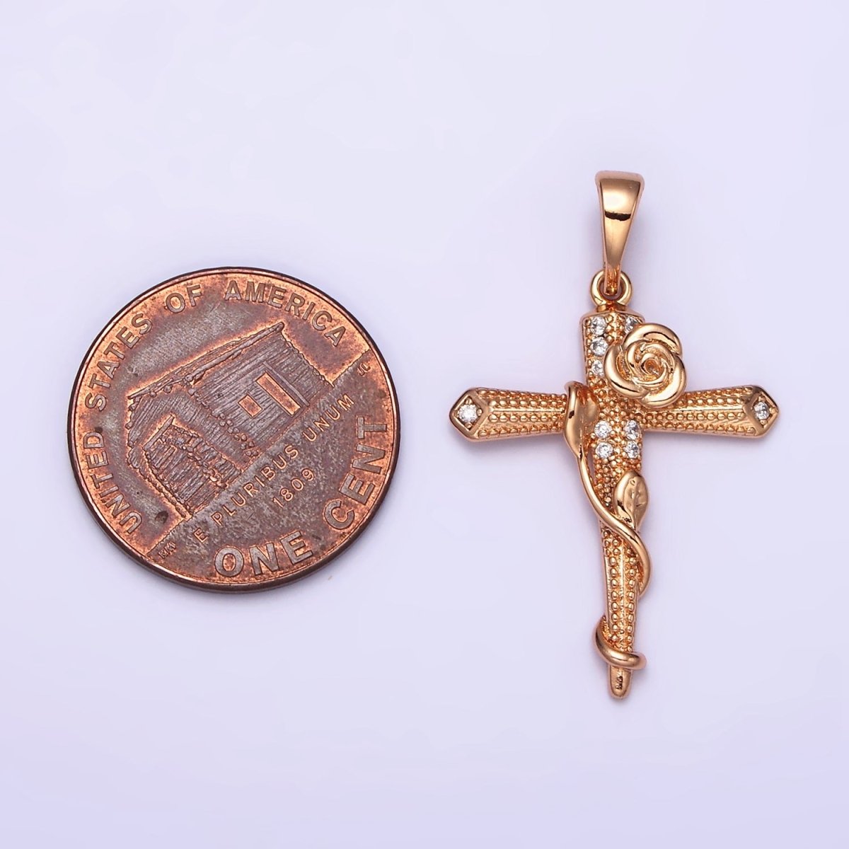 18K Gold Filled Rose Flower Vine Micro Paved CZ Dotted Passion Cross Pendant | AA524 - DLUXCA