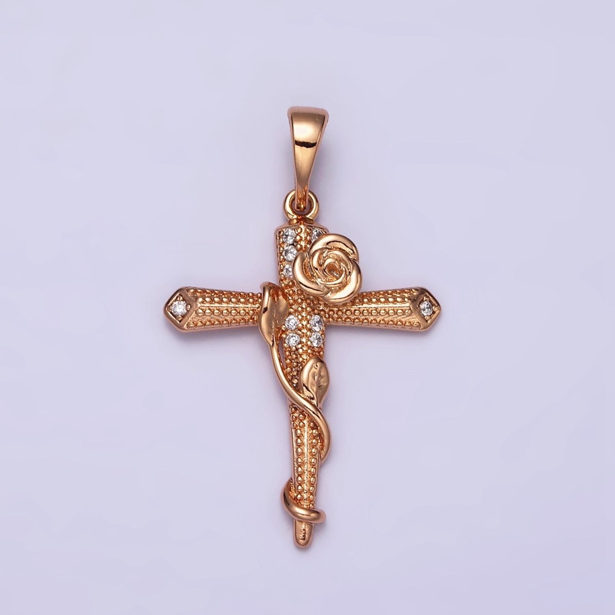 18K Gold Filled Rose Flower Vine Micro Paved CZ Dotted Passion Cross Pendant | AA524 - DLUXCA