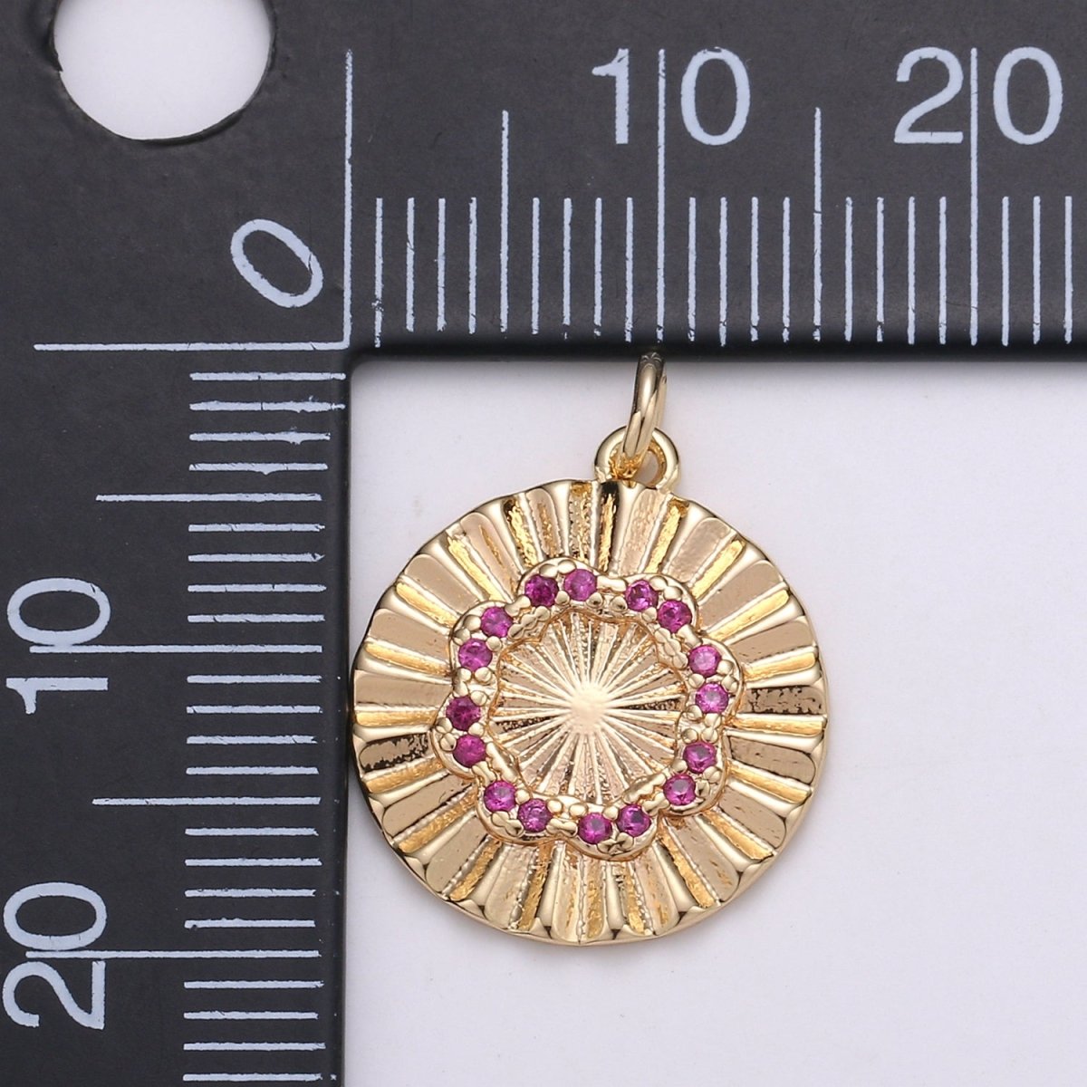 18k Gold Filled Round Circle CZ Pave Cubic Zirconia Disc Charm Coin Medallion 15mm with Blue Pink Cz Stone D-875