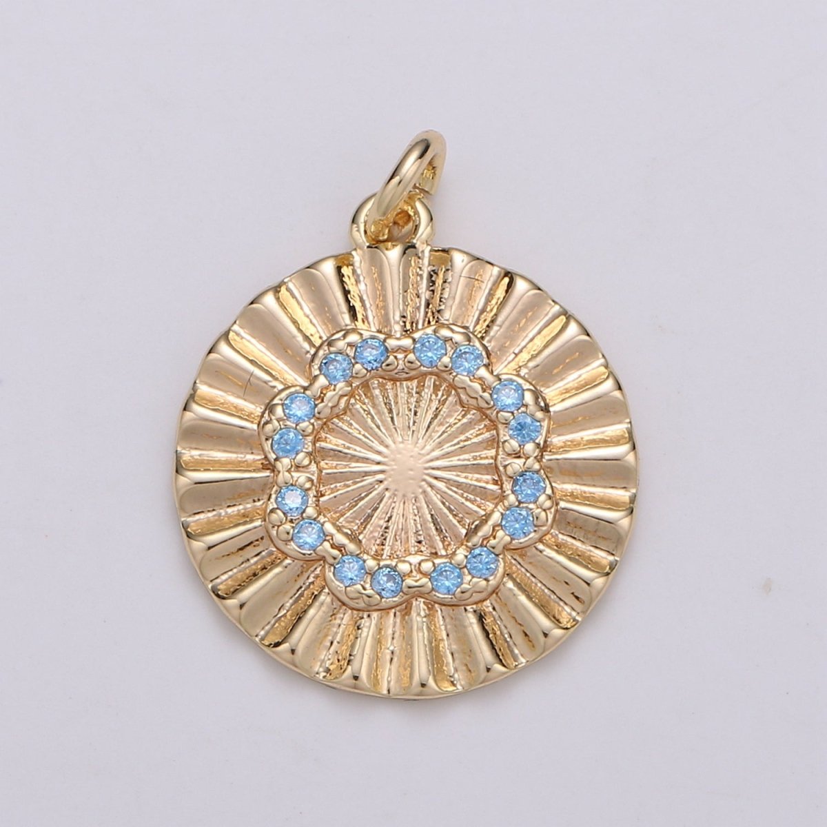 18k Gold Filled Round Circle CZ Pave Cubic Zirconia Disc Charm Coin Medallion 15mm with Blue Pink Cz Stone D-875