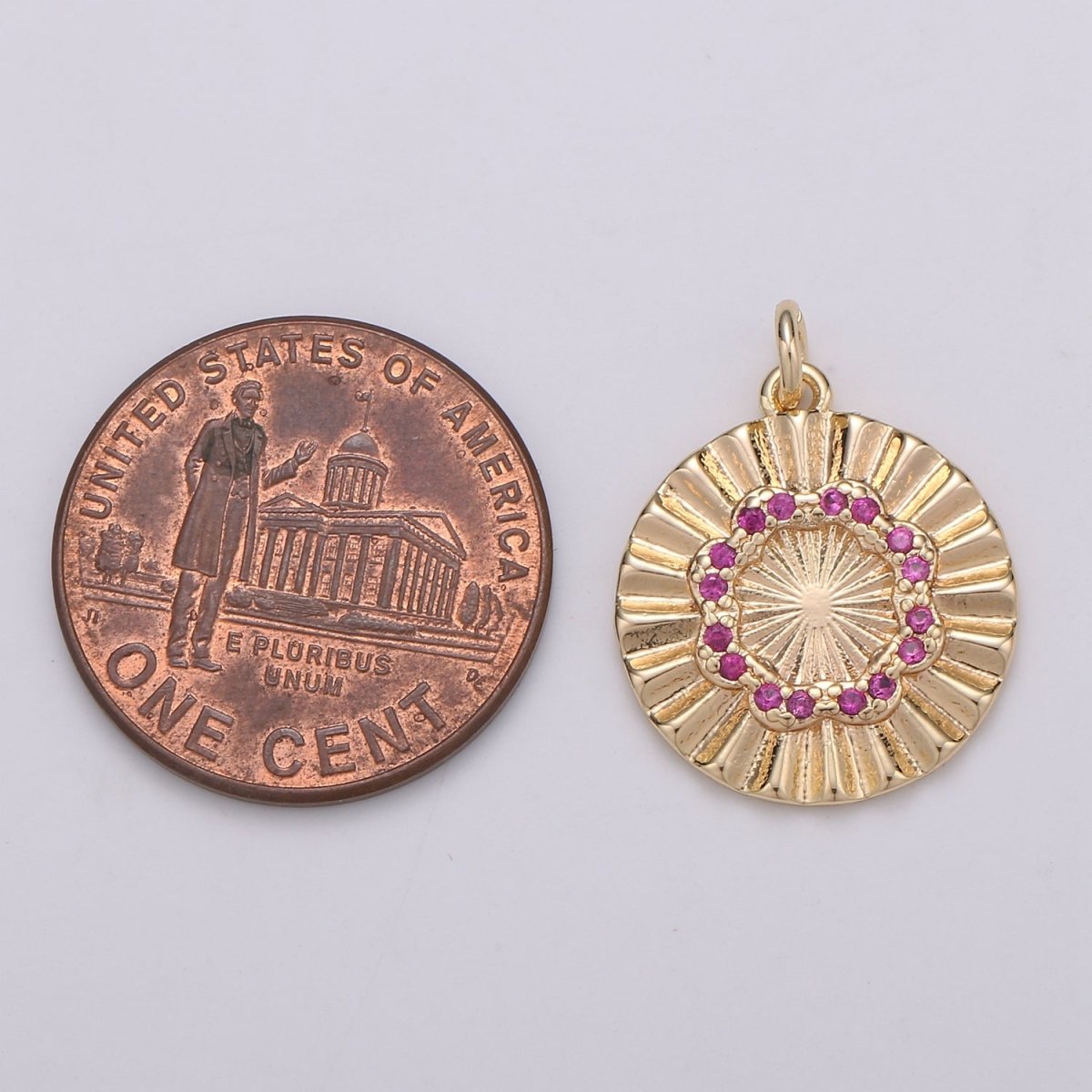 18k Gold Filled Round Circle CZ Pave Cubic Zirconia Disc Charm Coin Medallion 15mm with Blue Pink Cz Stone D-875