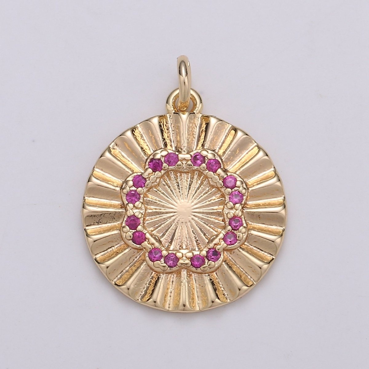 18k Gold Filled Round Circle CZ Pave Cubic Zirconia Disc Charm Coin Medallion 15mm with Blue Pink Cz Stone D-876 - DLUXCA