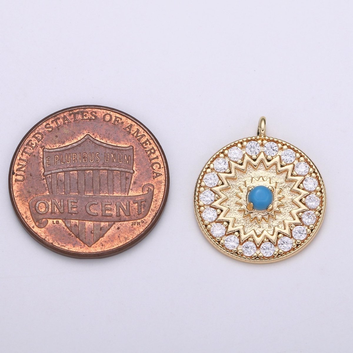 18k Gold Filled Round Micro Pave Charm Turquoise Pendant, MoonStone charms for Medallion necklace Component Supply Jewelry Making E-143