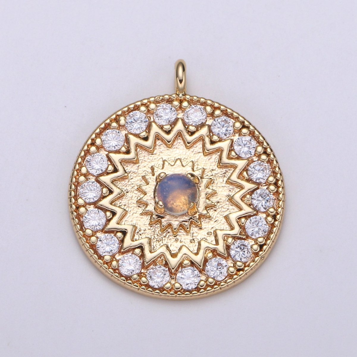 18k Gold Filled Round Micro Pave Charm Turquoise Pendant, MoonStone charms for Medallion necklace Component Supply Jewelry Making E-143