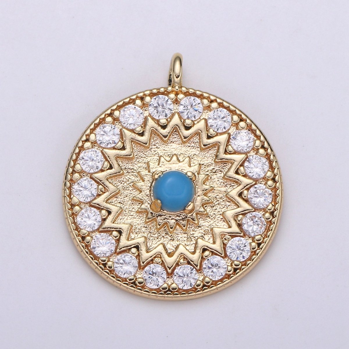18k Gold Filled Round Micro Pave Charm Turquoise Pendant, MoonStone charms for Medallion necklace Component Supply Jewelry Making E-143