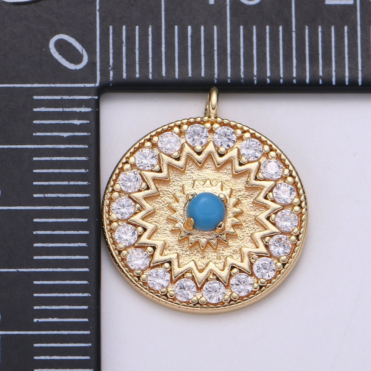 18k Gold Filled Round Micro Pave Charm Turquoise Pendant, MoonStone charms for Medallion necklace Component Supply Jewelry Making E-143