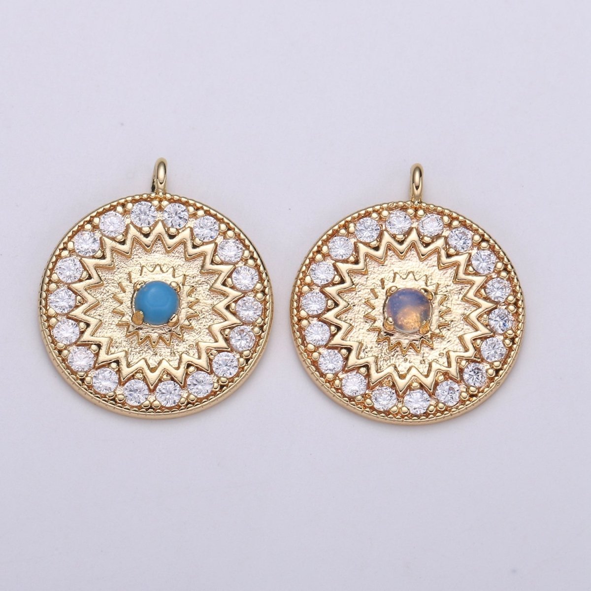 18k Gold Filled Round Micro Pave Charm Turquoise Pendant, MoonStone charms for Medallion necklace Component Supply Jewelry Making E-143