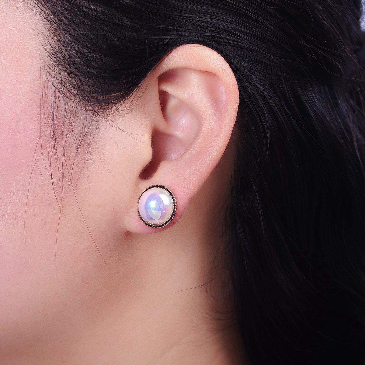 18K Gold Filled Rounded Pearl Black Enamel Stud Earrings | AD1453 - DLUXCA