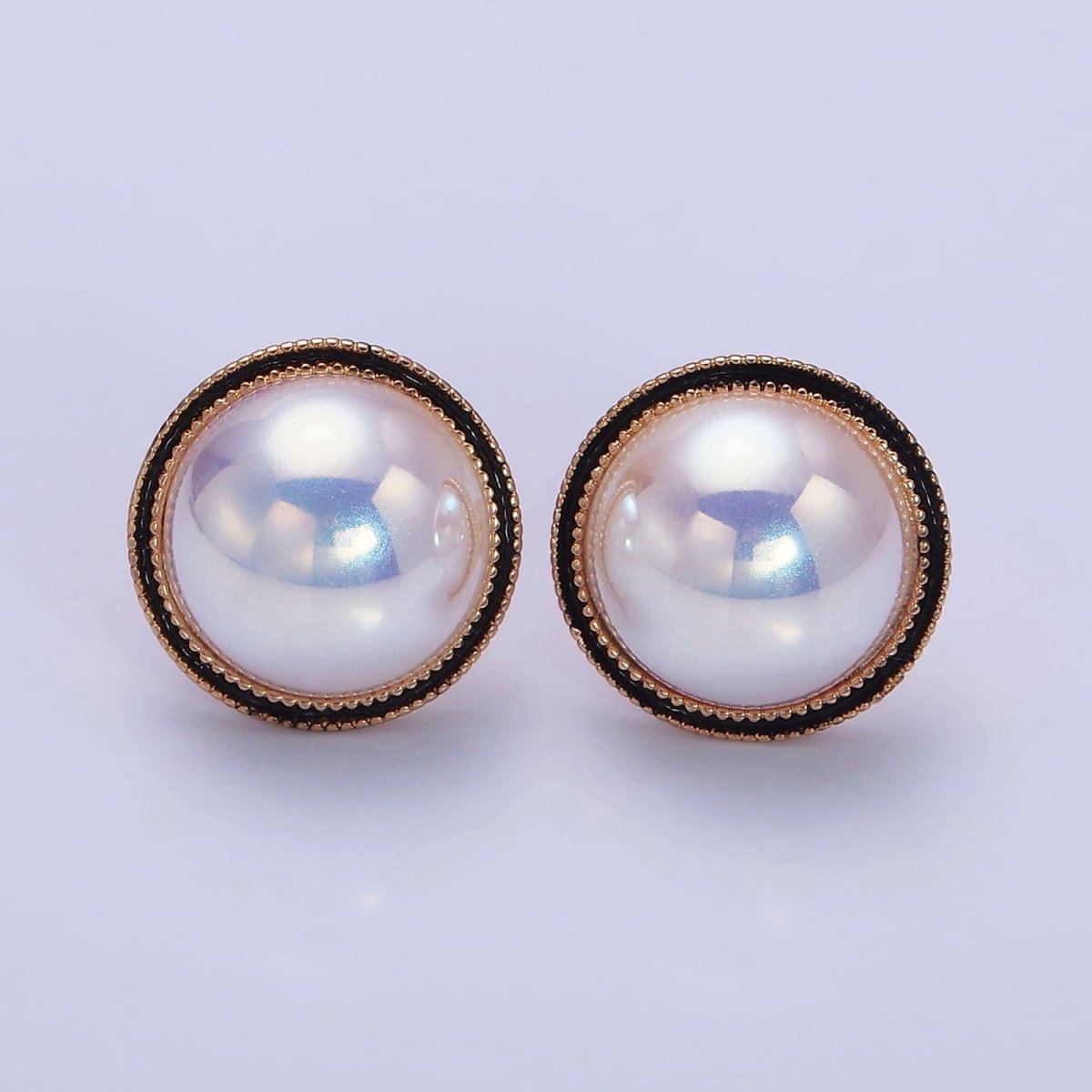 18K Gold Filled Rounded Pearl Black Enamel Stud Earrings | AD1453 - DLUXCA