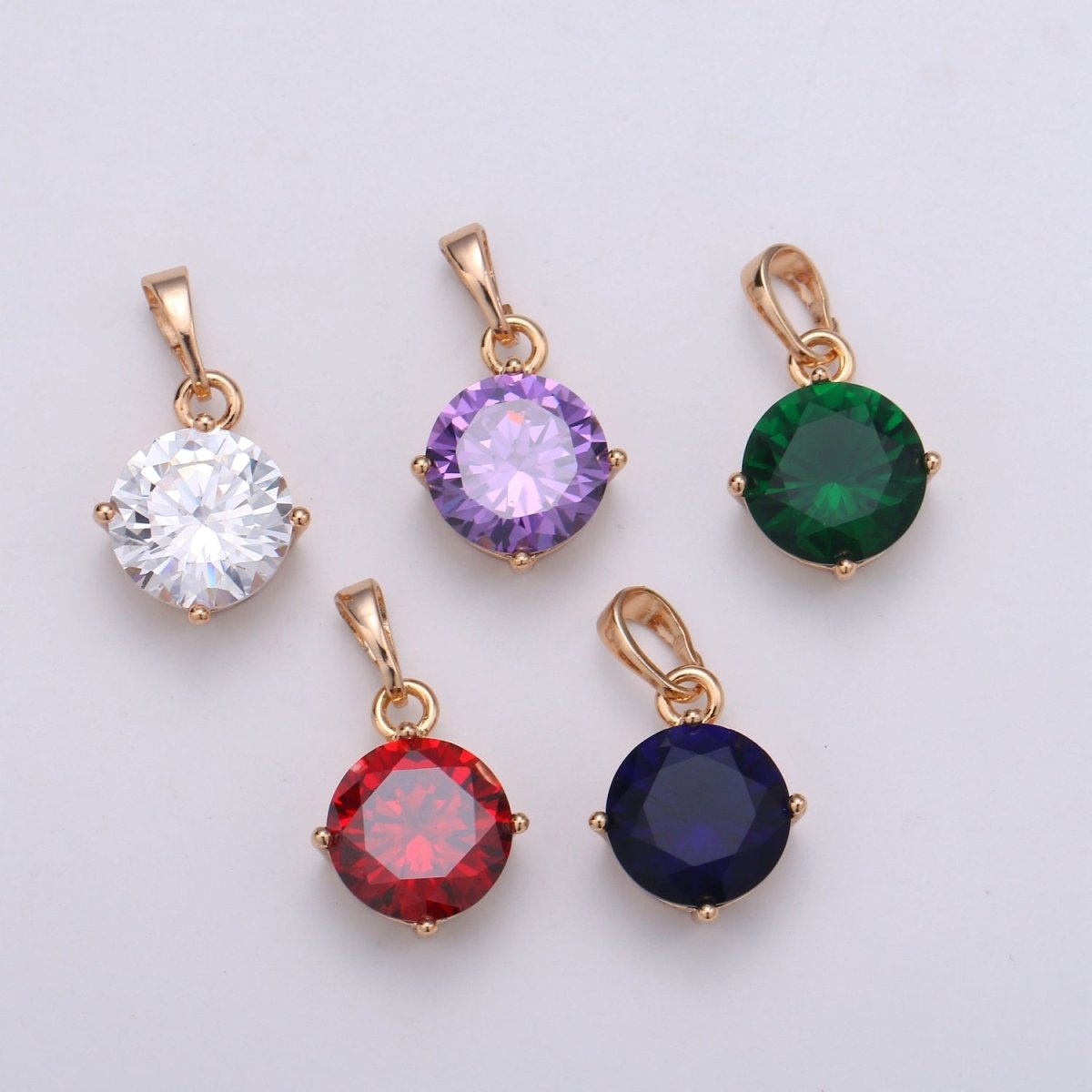 18k Gold Filled Solitaire Pendant Round Cut Charm for necklace Birthstone Clear Green Red Purple Cubic Zirconia Round Charm J-171~J-175