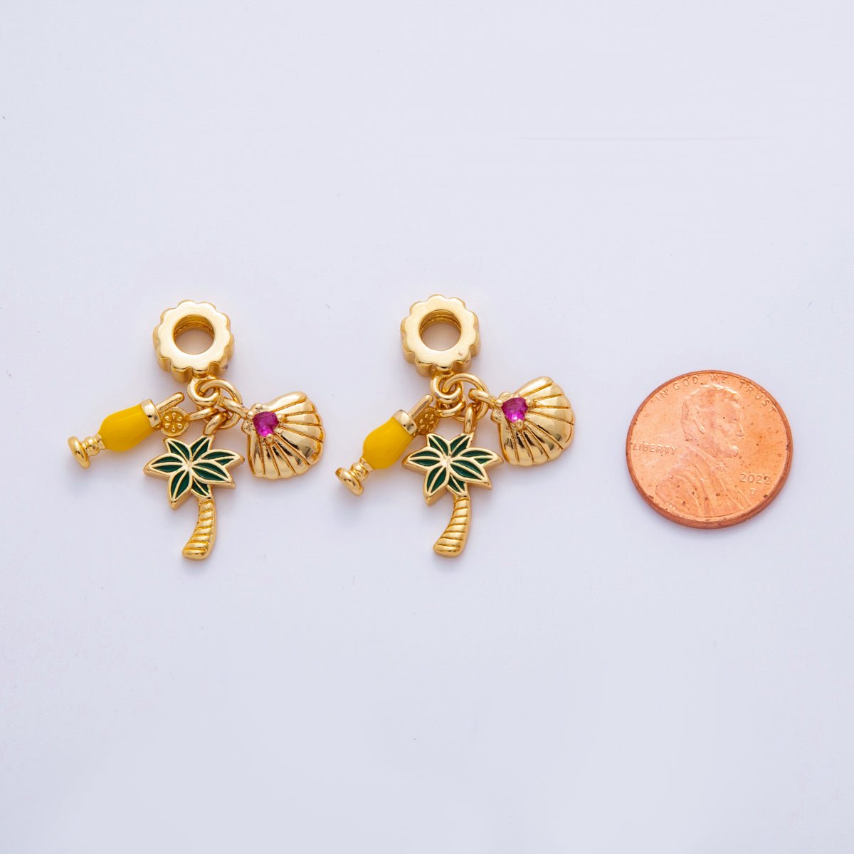 18K Gold Filled Summer Mimosa Shell Palm Tree Ribbed Rhondelle Drop Pendant | M814 - DLUXCA