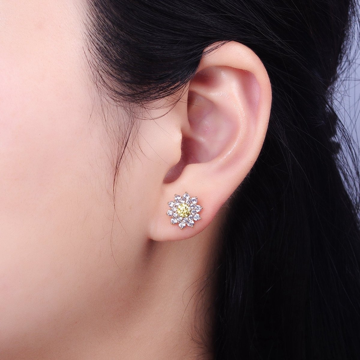 18k Gold Filled Sun flower Stud Earring with Yellow CZ Stone AB798 - DLUXCA