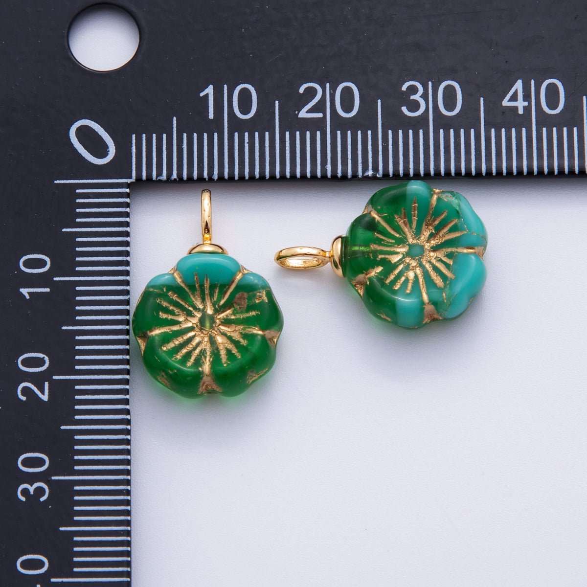 18K Gold Filled Teal Green Gold Lined Flower Acrylic Drop Charm | AF720 - DLUXCA