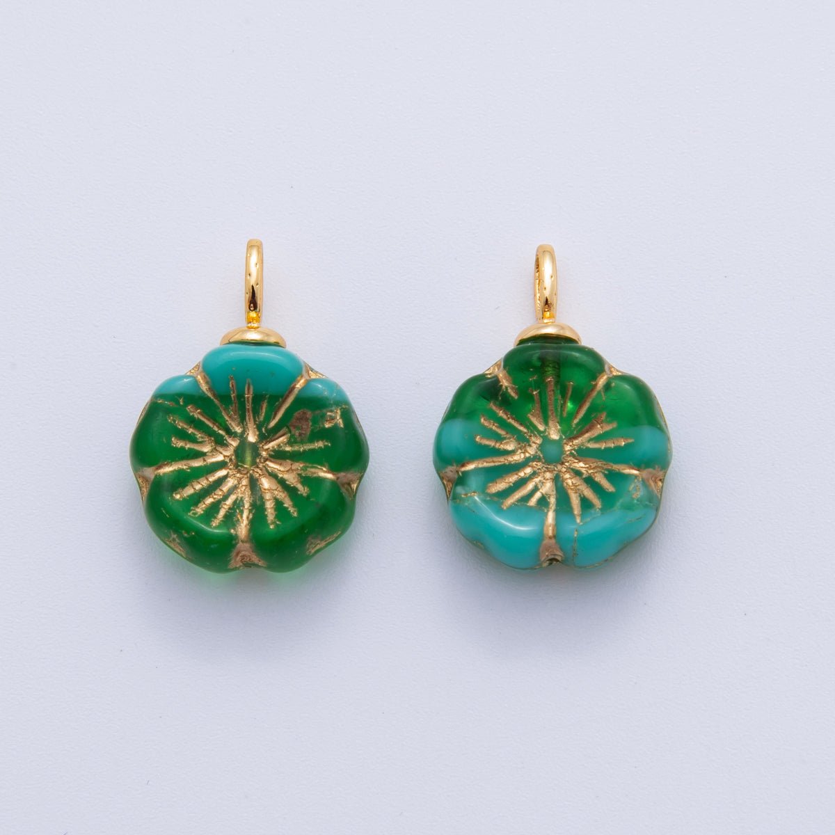 18K Gold Filled Teal Green Gold Lined Flower Acrylic Drop Charm | AF720 - DLUXCA