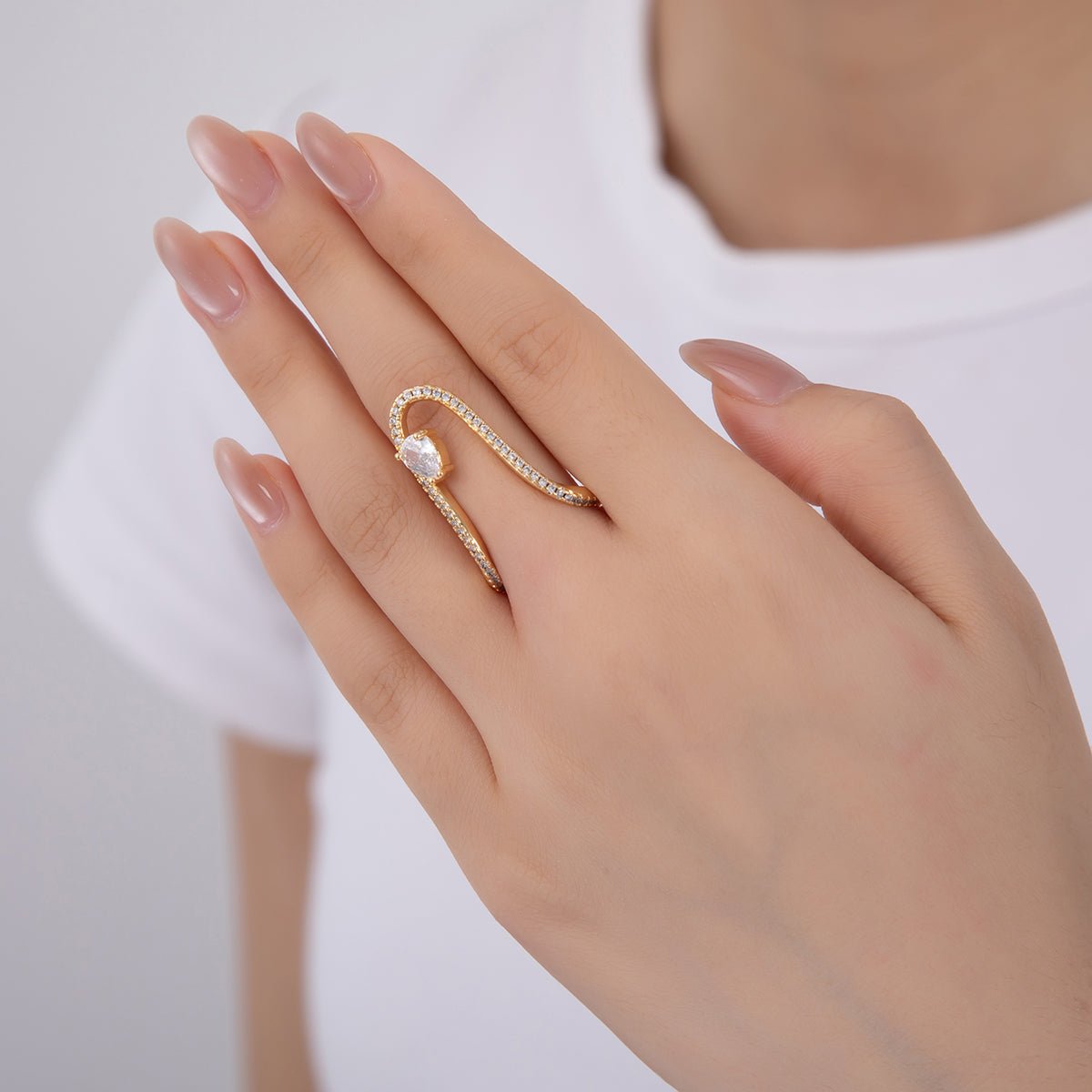 18K Gold Filled Teardrop CZ Micro Paved Curve Drip Chevron Ring | O2010 - DLUXCA