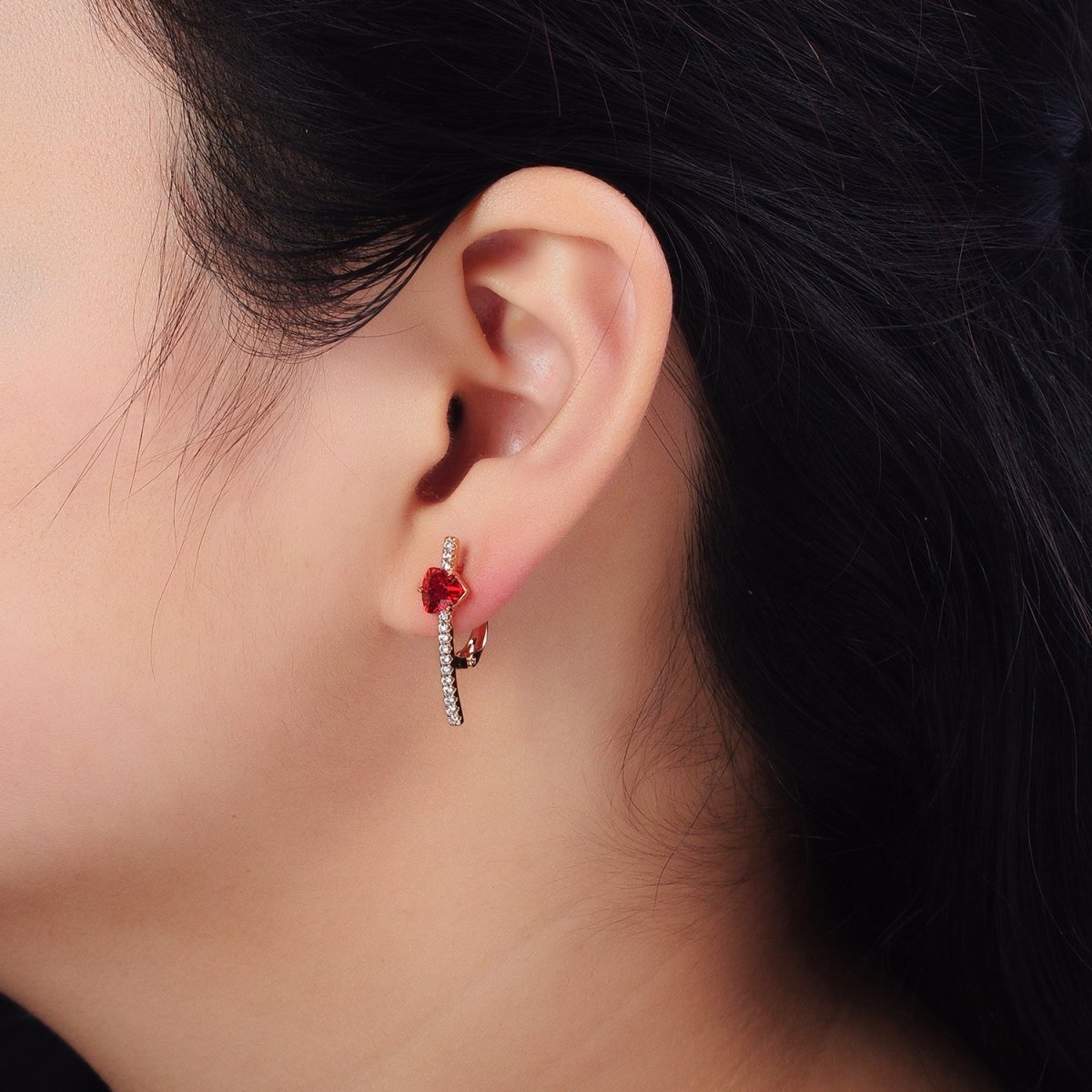 18K Gold Filled Triangle Iridescent AB, Purple, Blue, Red CZ Micro Paved Lined English Lock Earrings | AB236 AB27- AB249