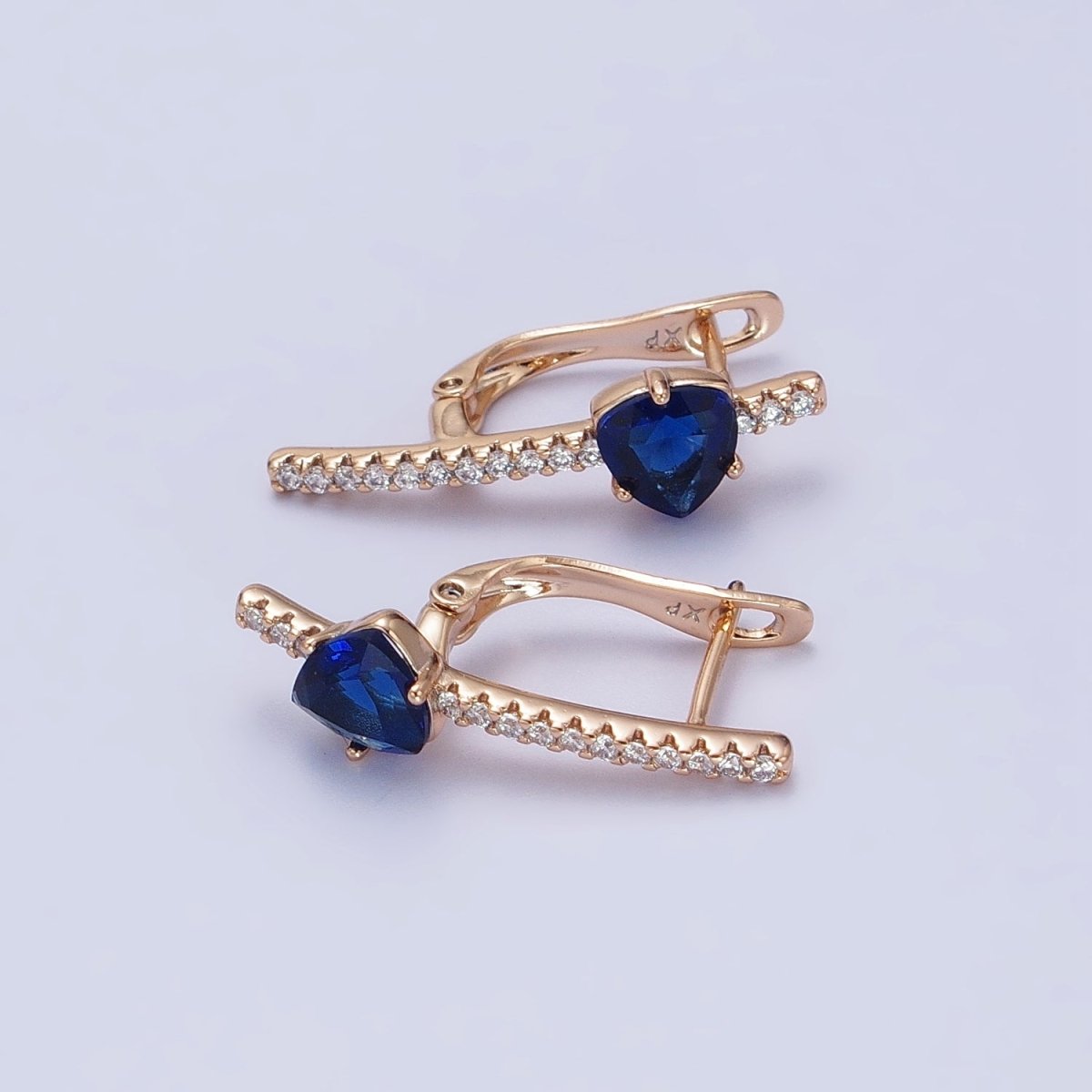 18K Gold Filled Triangle Iridescent AB, Purple, Blue, Red CZ Micro Paved Lined English Lock Earrings | AB236 AB27- AB249